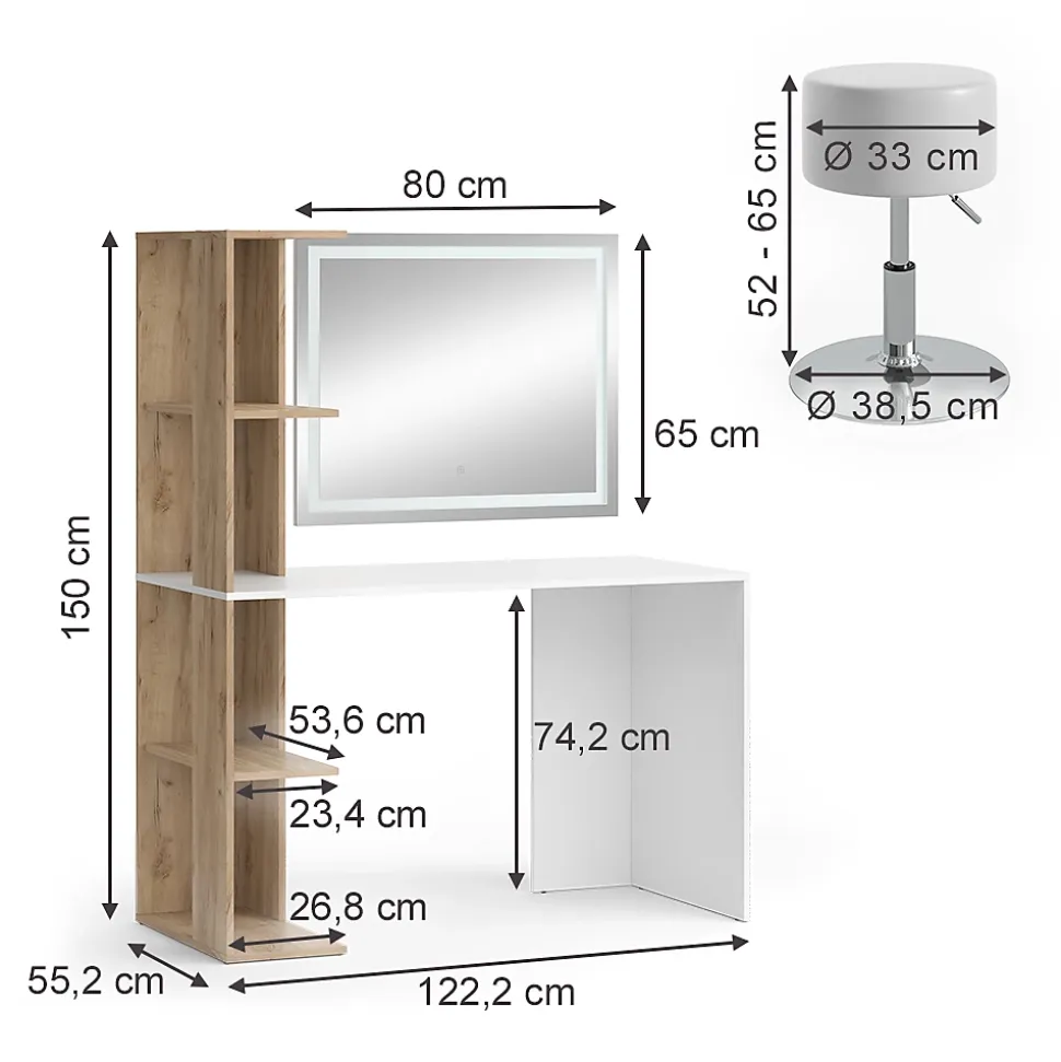 Vicco Coiffeuse Blanc/Sonoma 122.2cm avec miroir LED et tabouret