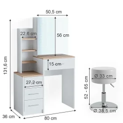 Vicco Coiffeuse Blanc/Sonoma 36cm avec tabouret