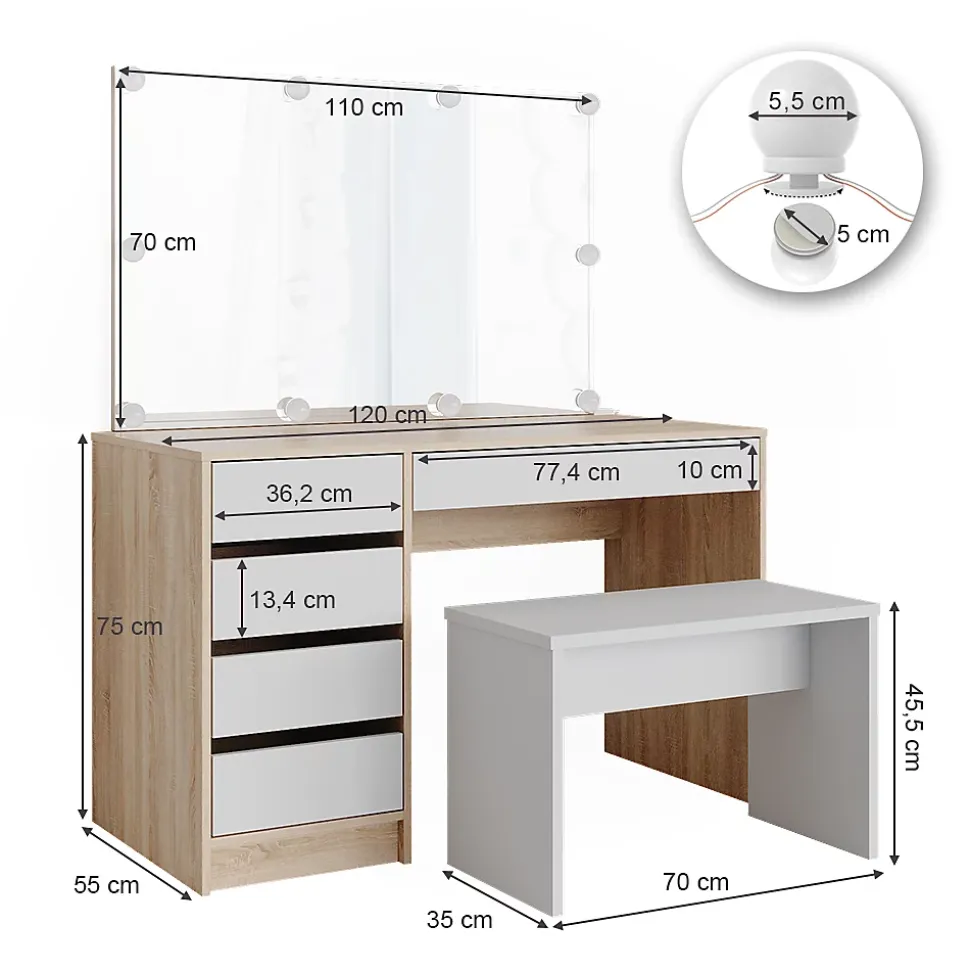 Vicco Coiffeuse Blanc/Sonoma 120cm avec éclairage LED et banc