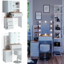 Vicco Coiffeuse Blanc/Sonoma 36cm avec éclairage LED et tabouret