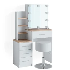 Vicco Coiffeuse Blanc/Sonoma 36cm avec éclairage LED et tabouret