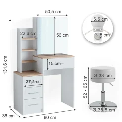 Vicco Coiffeuse Blanc/Sonoma 36cm avec éclairage LED et tabouret