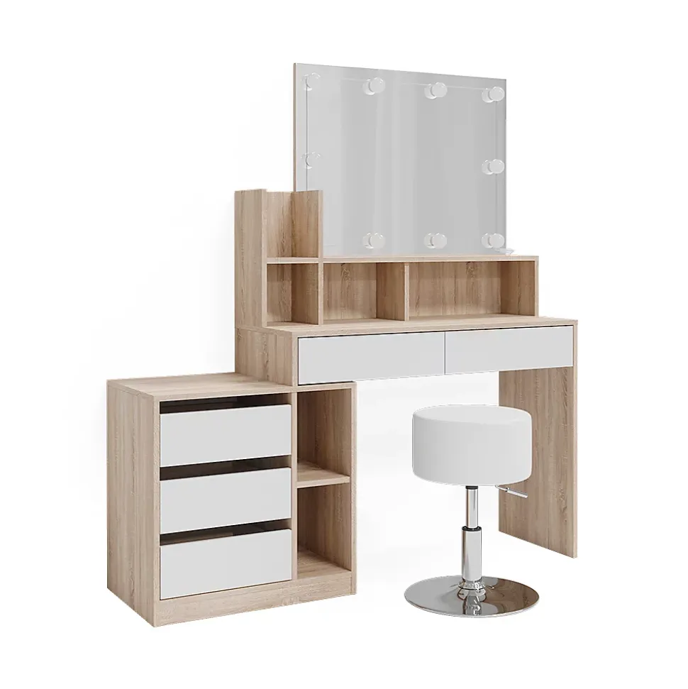 Vicco Coiffeuse Blanc/Sonoma 139.8cm avec éclairage LED et tabouret