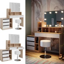Vicco Coiffeuse Blanc/Sonoma 139.8cm avec éclairage LED et tabouret