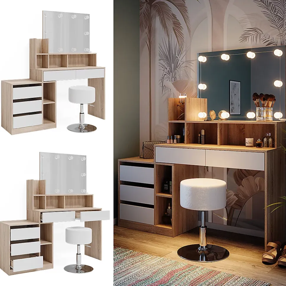 Vicco Coiffeuse Blanc/Sonoma 139.8cm avec éclairage LED et tabouret