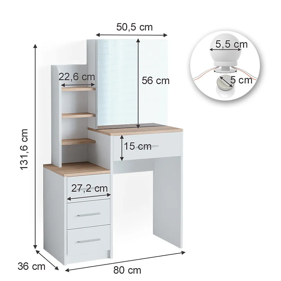 Vicco Coiffeuse Blanc/Sonoma 80cm avec éclairage LED