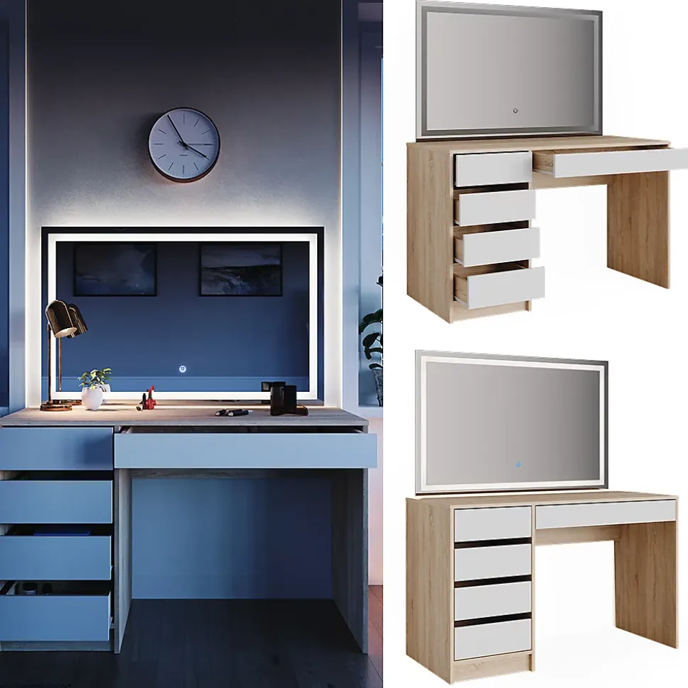 Vicco Coiffeuse Blanc/Sonoma 55cm avec miroir LED