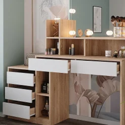 Vicco Coiffeuse Blanc/Sonoma 139.8cm avec éclairage LED