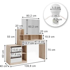 Vicco Coiffeuse Blanc/Sonoma 139.8cm avec éclairage LED