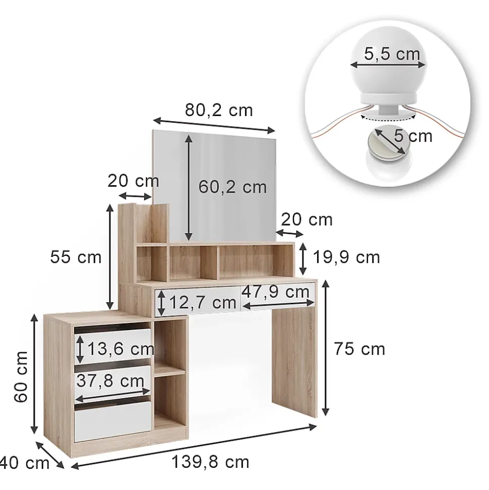 Vicco Coiffeuse Blanc/Sonoma 139.8cm avec éclairage LED
