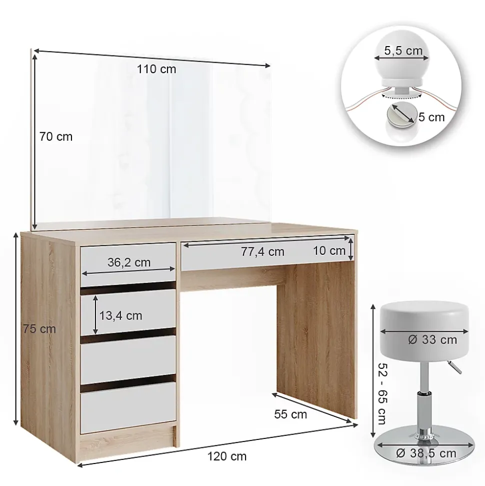 Vicco Coiffeuse Blanc/Sonoma 55cm avec éclairage LED et tabouret