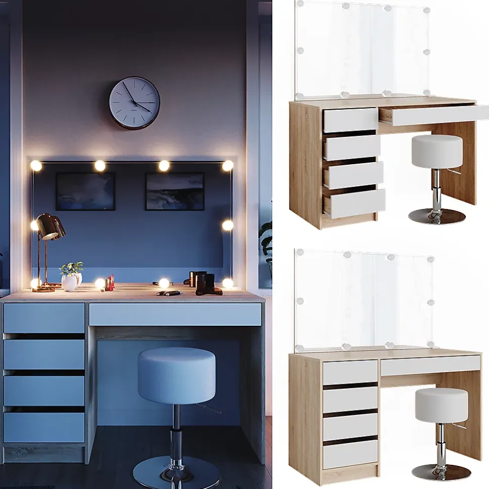 Vicco Coiffeuse Blanc/Sonoma 55cm avec éclairage LED et tabouret