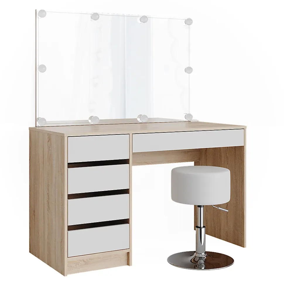 Vicco Coiffeuse Blanc/Sonoma 55cm avec éclairage LED et tabouret