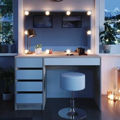 Vicco Coiffeuse Blanc/Sonoma 55cm avec éclairage LED et tabouret