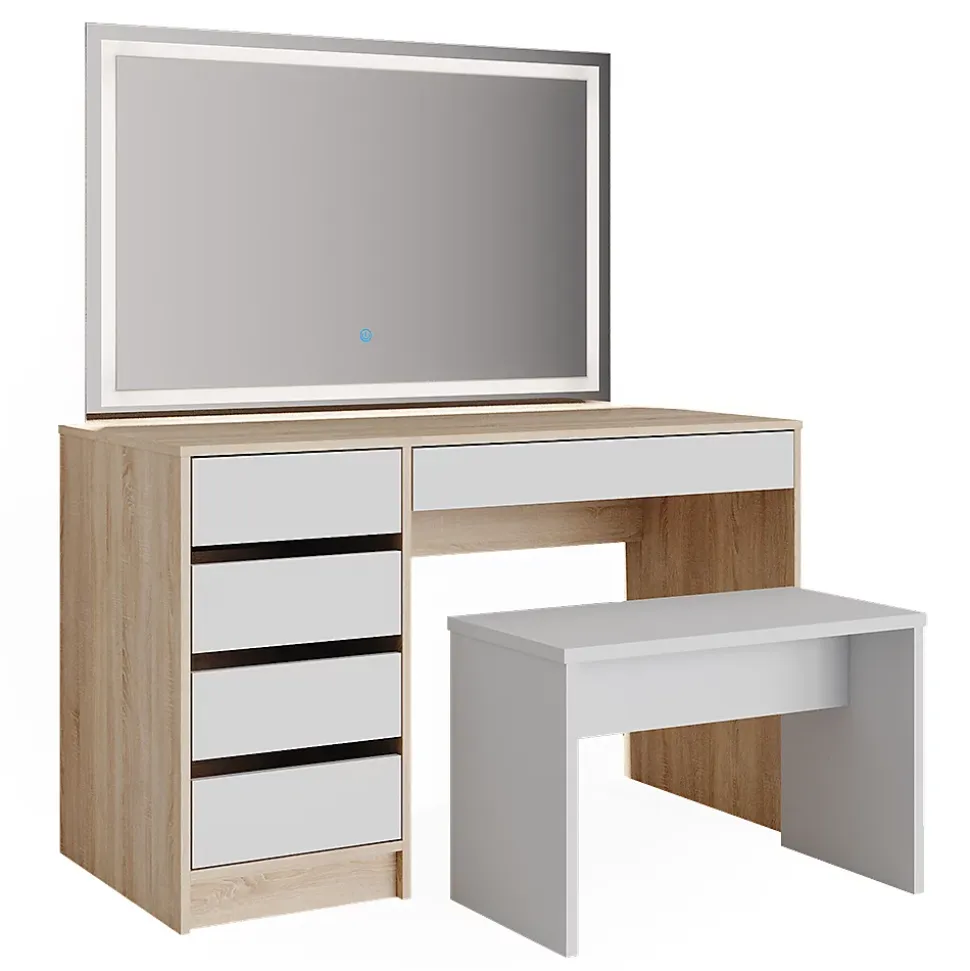 Vicco Coiffeuse Blanc/Sonoma 120cm avec miroir LED et tabouret