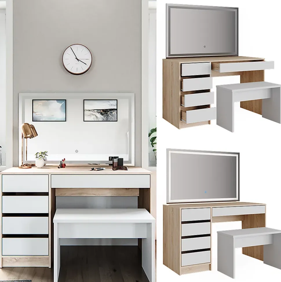 Vicco Coiffeuse Blanc/Sonoma 120cm avec miroir LED et tabouret