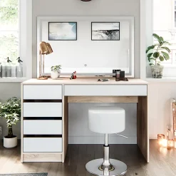 Vicco Coiffeuse Blanc/Sonoma 55cm avec miroir LED et tabouret