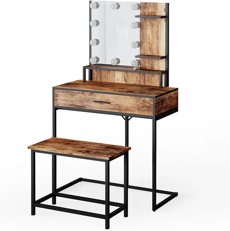 Vicco Coiffeuse Bois antique 80cm avec éclairage LED et chaise