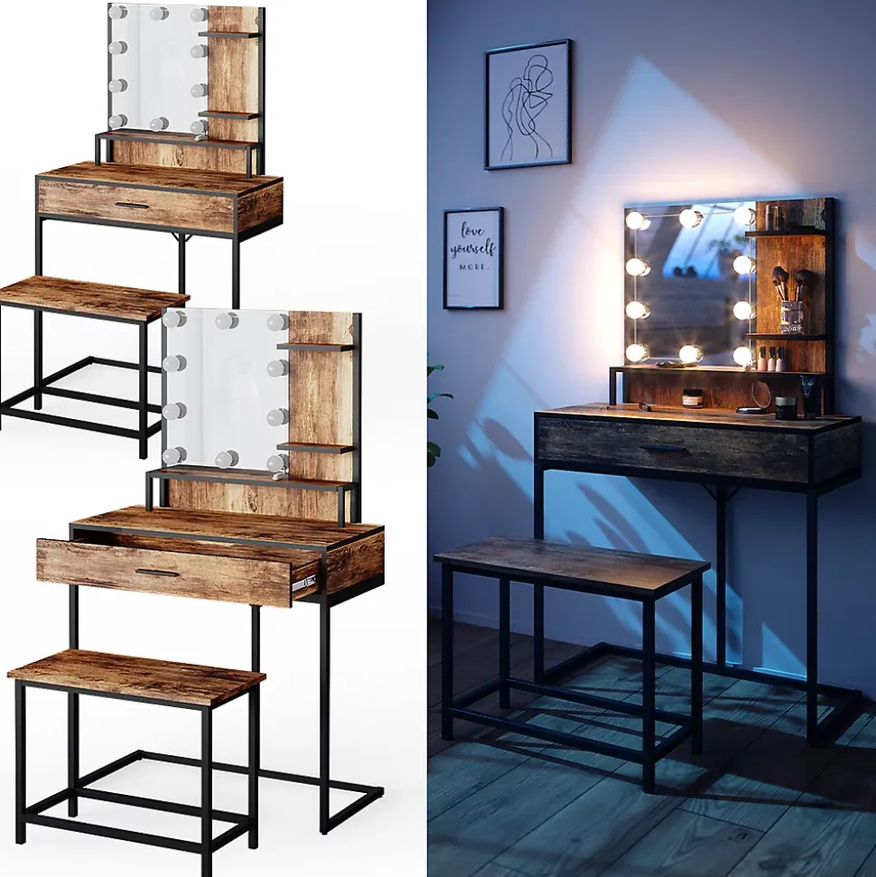 Vicco Coiffeuse Bois antique 80cm avec éclairage LED et chaise