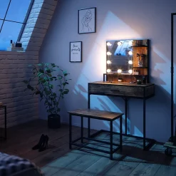 Vicco Coiffeuse Bois antique 80cm avec éclairage LED et chaise