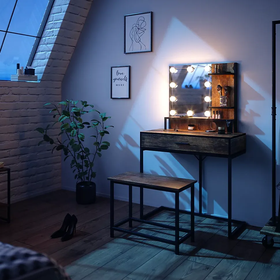 Vicco Coiffeuse Bois antique 80cm avec éclairage LED et chaise