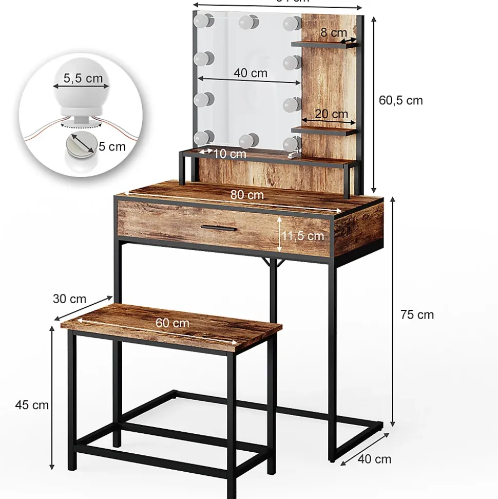 Vicco Coiffeuse Bois antique 80cm avec éclairage LED et chaise