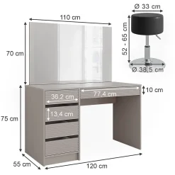 Vicco Coiffeuse Cachemire 120cm avec miroir LED et tabouret