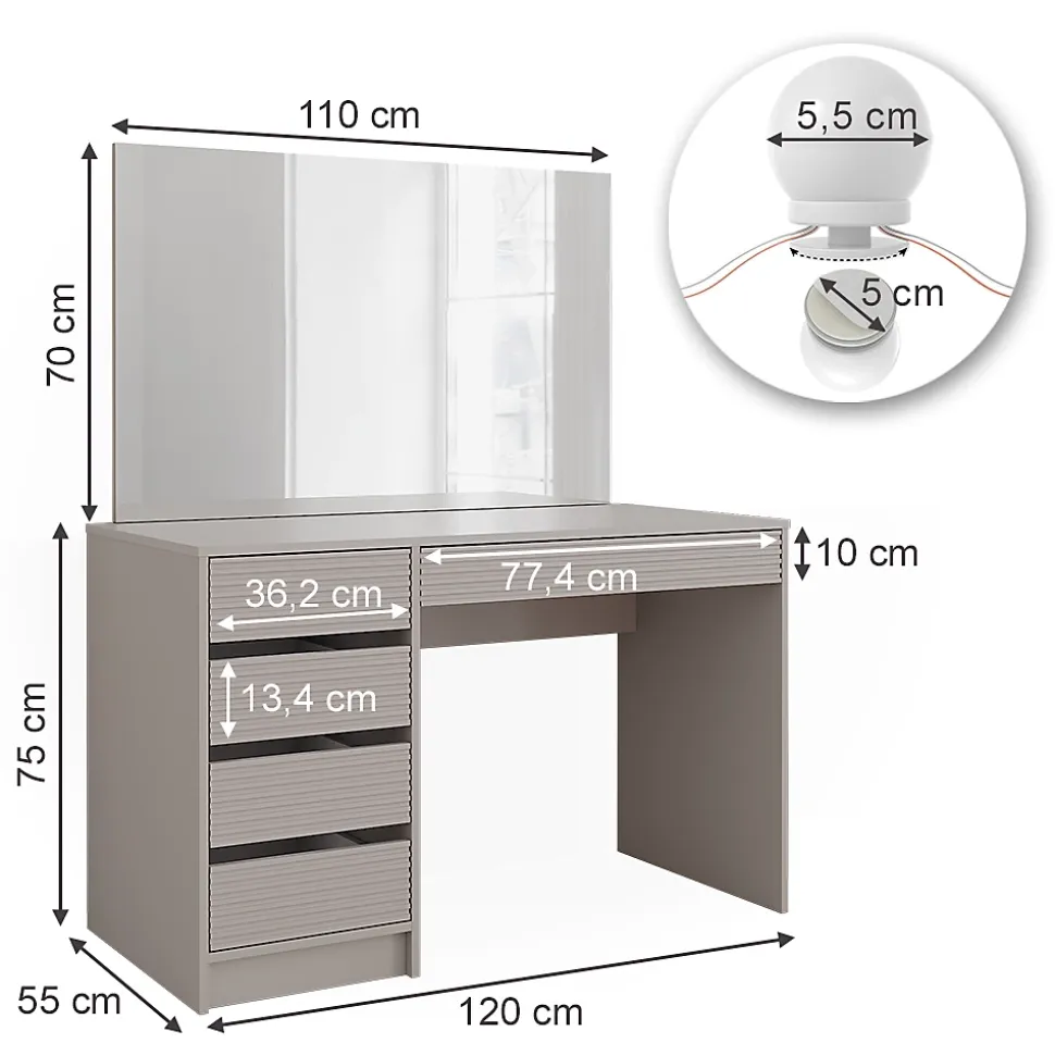 Vicco Coiffeuse Cachemire 120cm avec miroir & éclairage LED