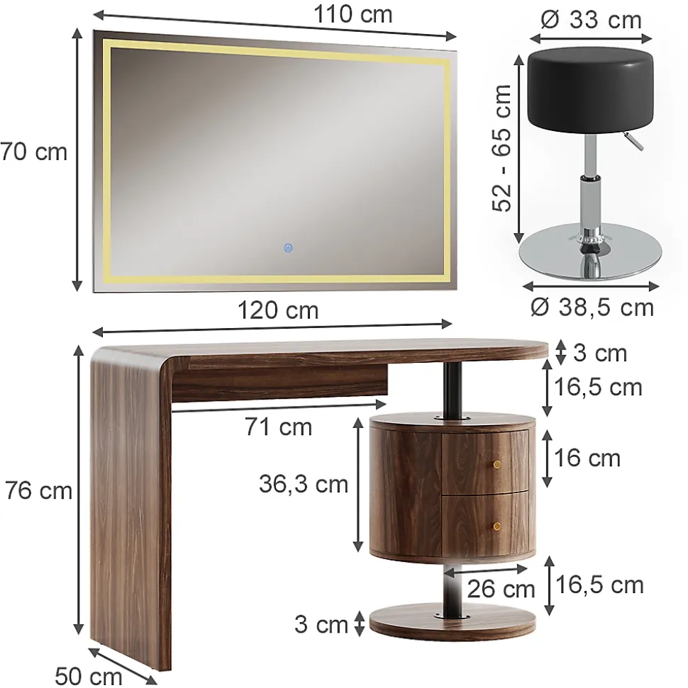Vicco Coiffeuse Chêne rustique 120cm avec miroir LED et tabouret
