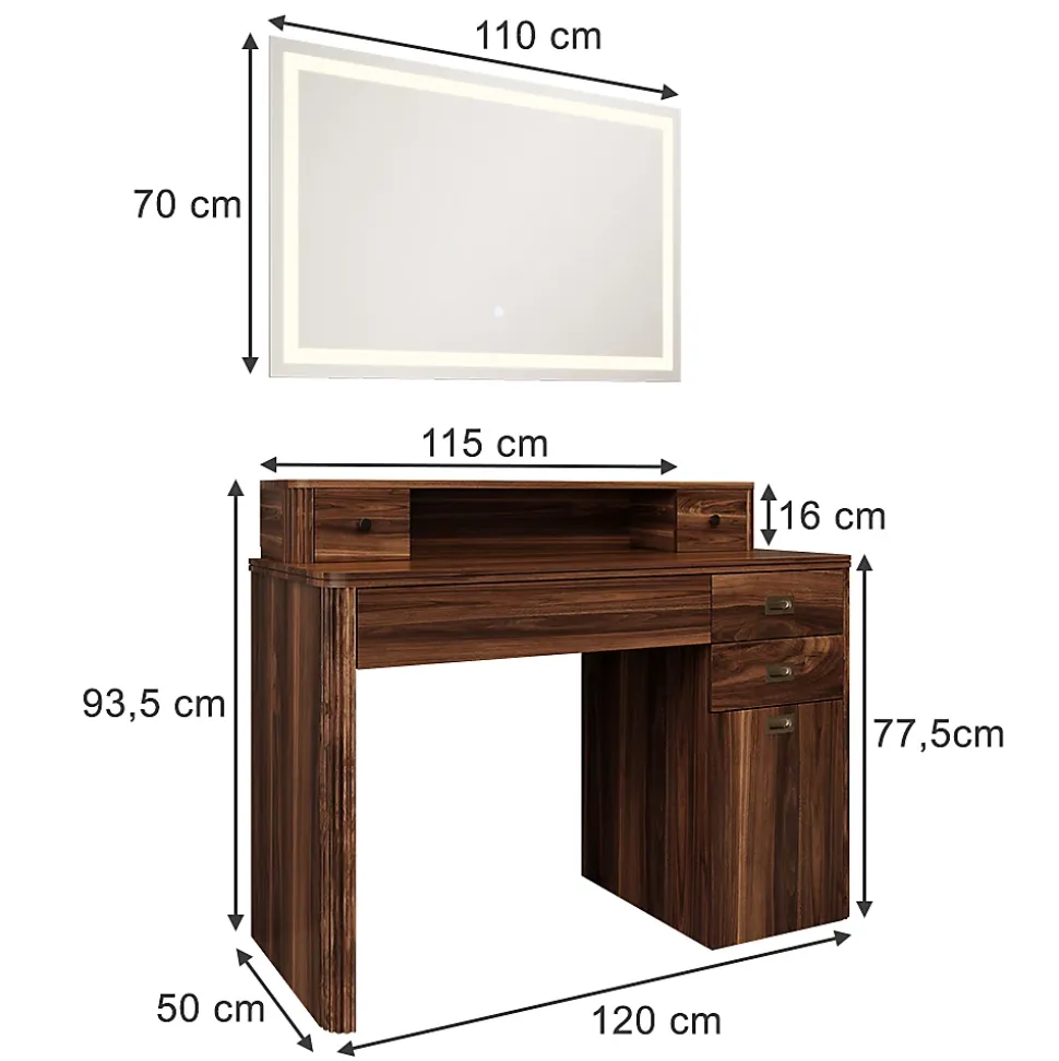 Vicco Coiffeuse Chêne rustique 120cm avec miroir LED