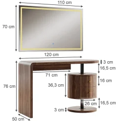 Vicco Coiffeuse Chêne rustique 120cm avec miroir LED
