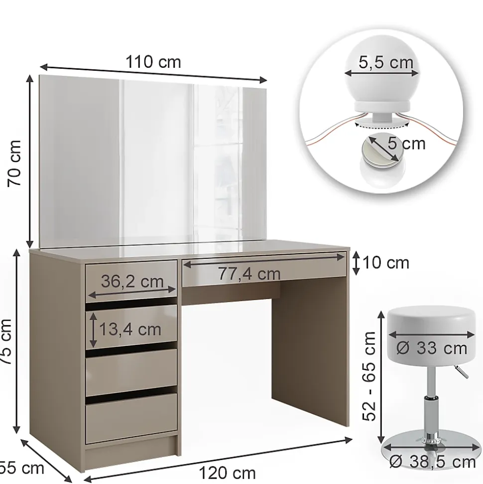 Vicco Coiffeuse Grège 55cm avec éclairage LED et tabouret