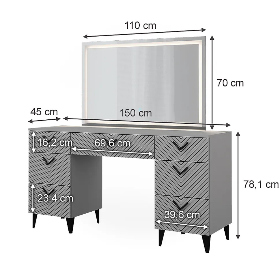 Vicco Coiffeuse Gris 150cm avec miroir LED