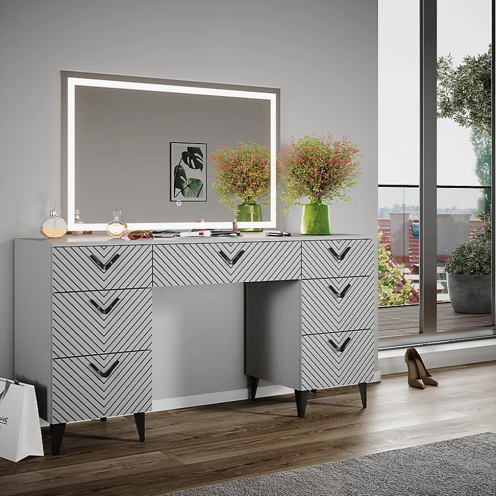 Vicco Coiffeuse Gris 150cm avec miroir LED