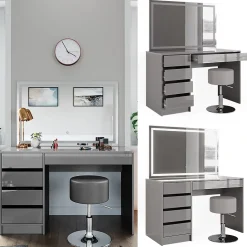 Vicco Coiffeuse Gris 55cm avec miroir LED et tabouret