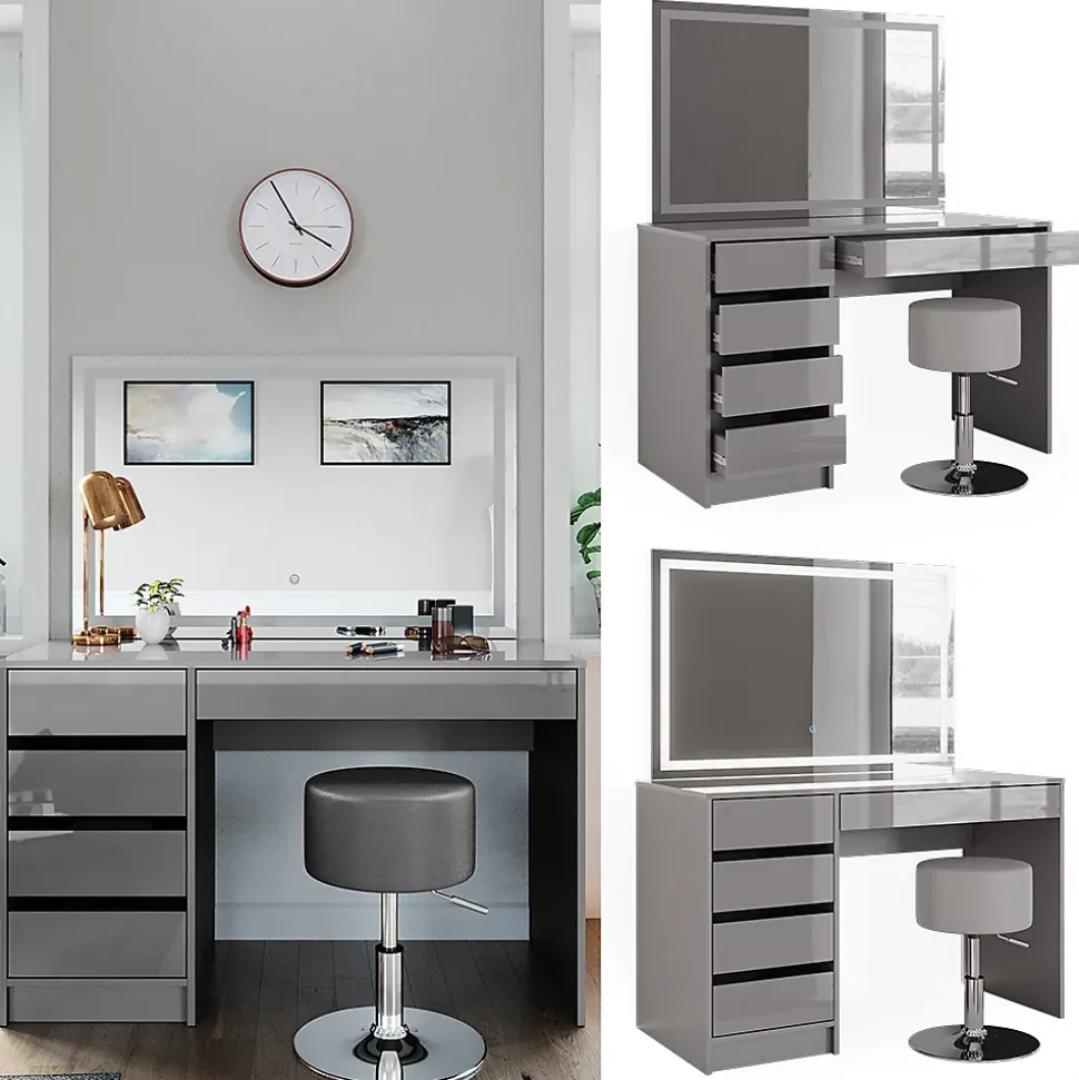 Vicco Coiffeuse Gris 55cm avec miroir LED et tabouret