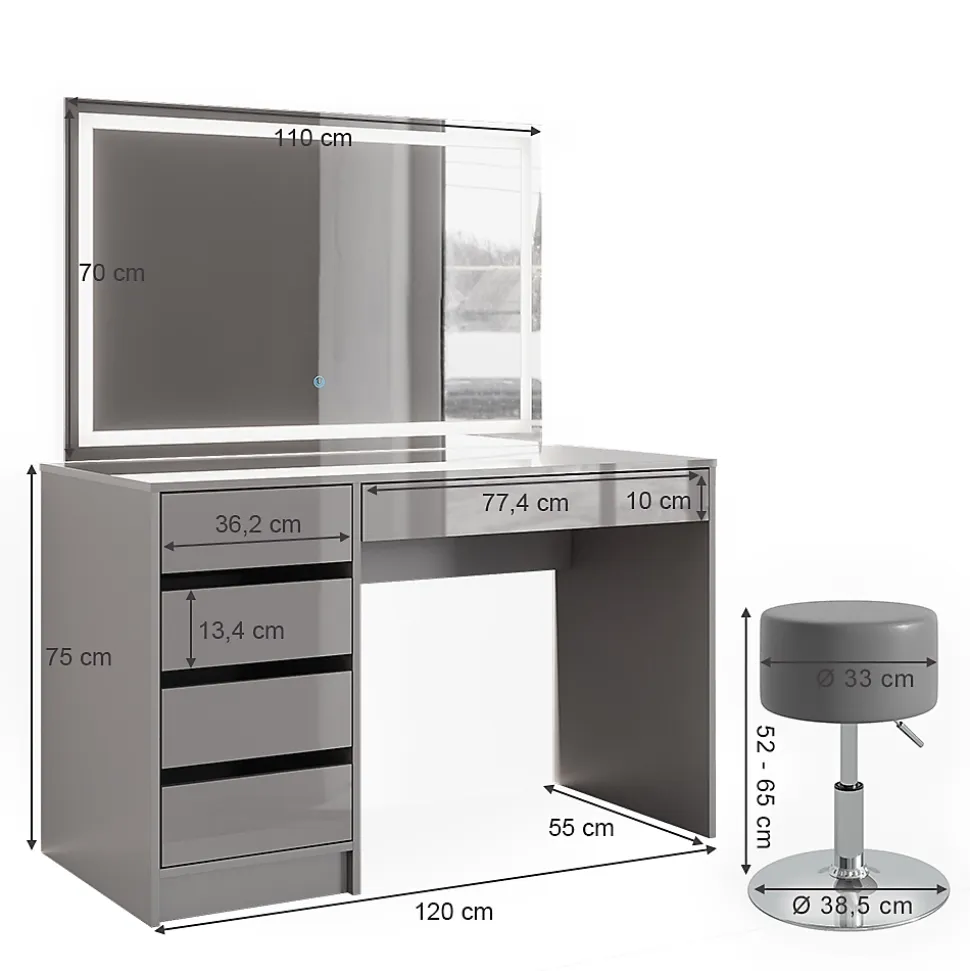 Vicco Coiffeuse Gris 55cm avec miroir LED et tabouret