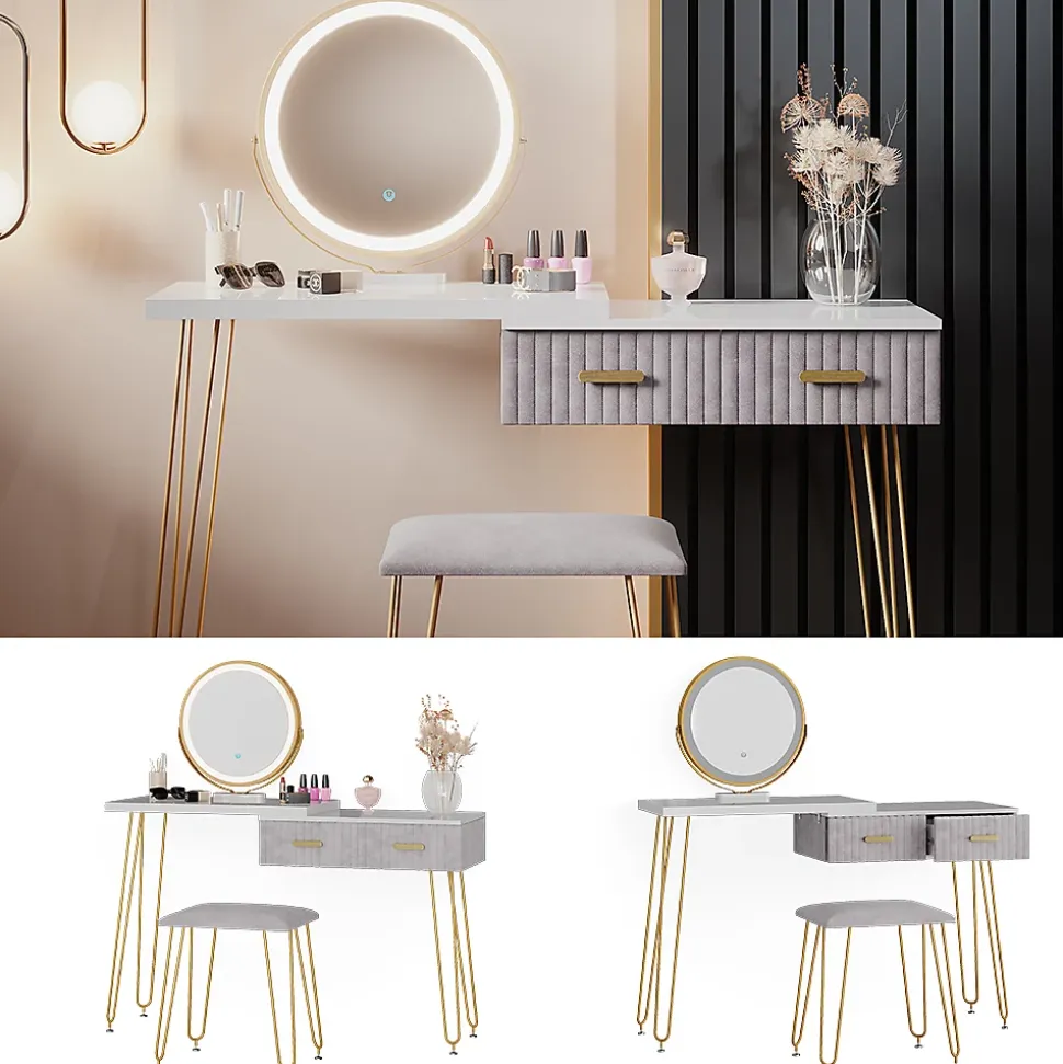 Vicco Coiffeuse Gris 120cm avec éclairage LED et tabouret