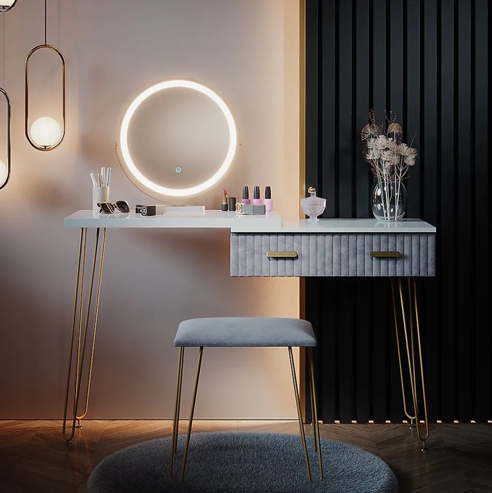 Vicco Coiffeuse Gris 120cm avec éclairage LED et tabouret