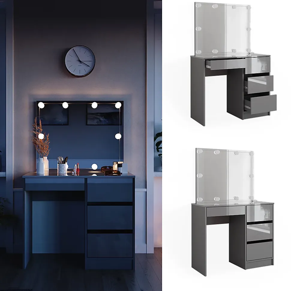 Vicco Coiffeuse Gris 90cm avec éclairage LED et tabouret