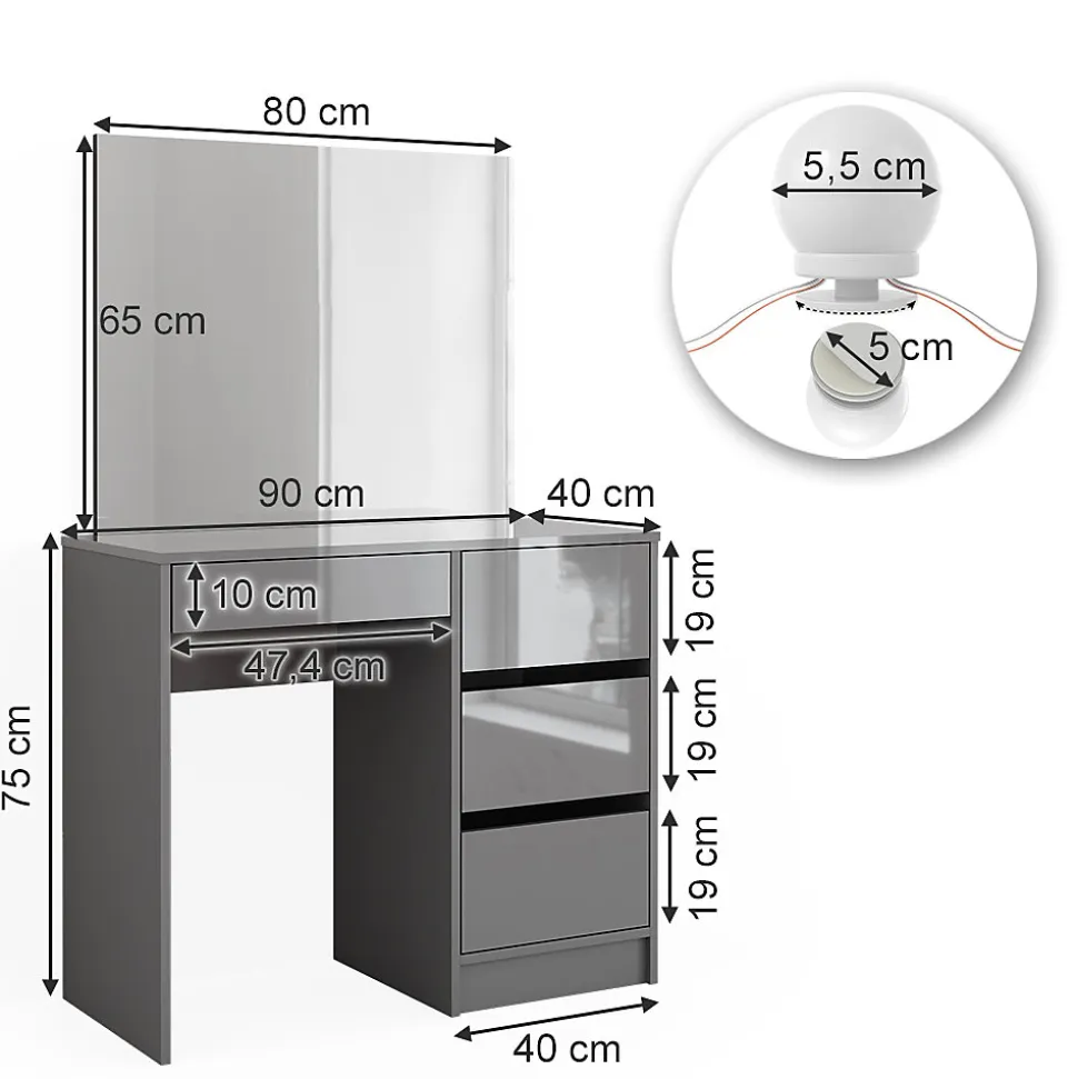 Vicco Coiffeuse Gris 90cm avec éclairage LED et tabouret