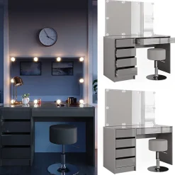 Vicco Coiffeuse Gris 55cm avec éclairage LED et tabouret