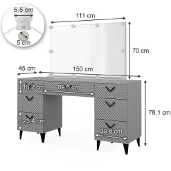 Vicco Coiffeuse Gris 150cm avec éclairage LED
