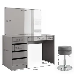 Vicco Coiffeuse Gris 55cm avec tabouret