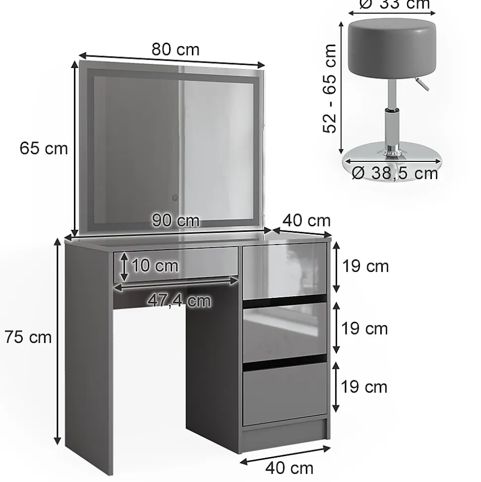 Vicco Coiffeuse Gris 40cm avec miroir LED et tabouret