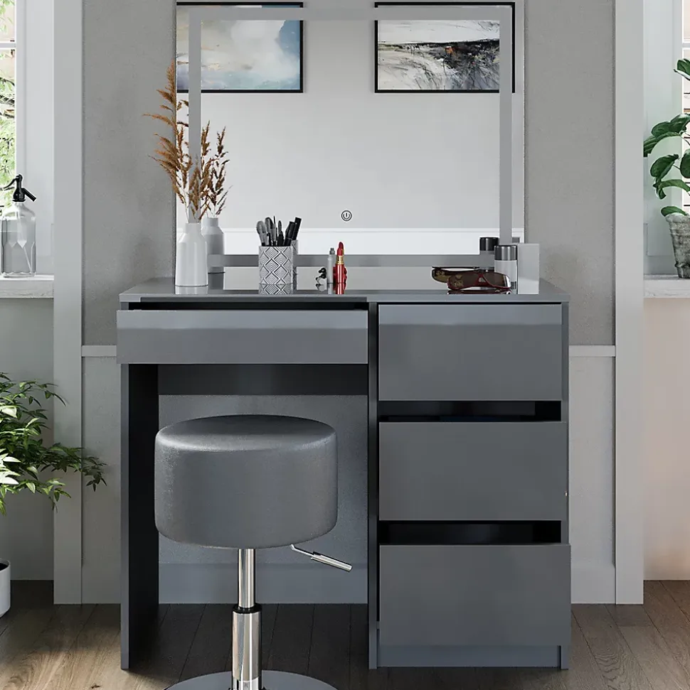 Vicco Coiffeuse Gris 40cm avec miroir LED et tabouret