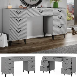Vicco Coiffeuse Gris 150cm sans miroir, avec 7 tiroirs