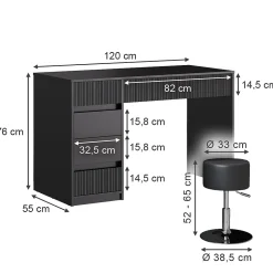 Vicco Coiffeuse Noir 120cm avec tabouret