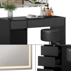 Vicco Coiffeuse Noir 120cm avec miroir LED et tabouret