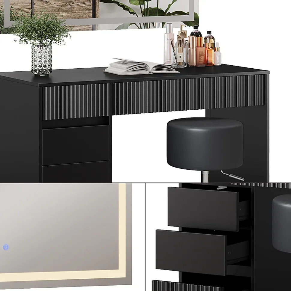 Vicco Coiffeuse Noir 120cm avec miroir LED et tabouret